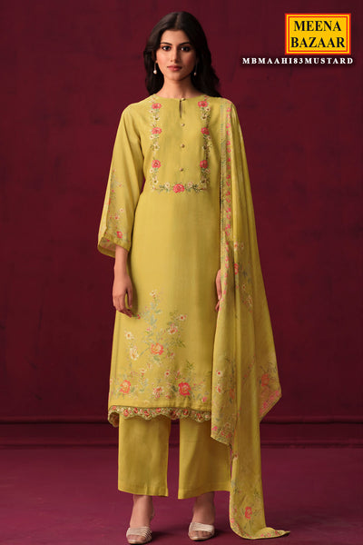 Mustard Muslin Floral Printed Suit Set with Threadwork Embroidery
