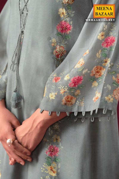 Grey Muslin Floral Printed Suit Set with Threadwork Embroidery