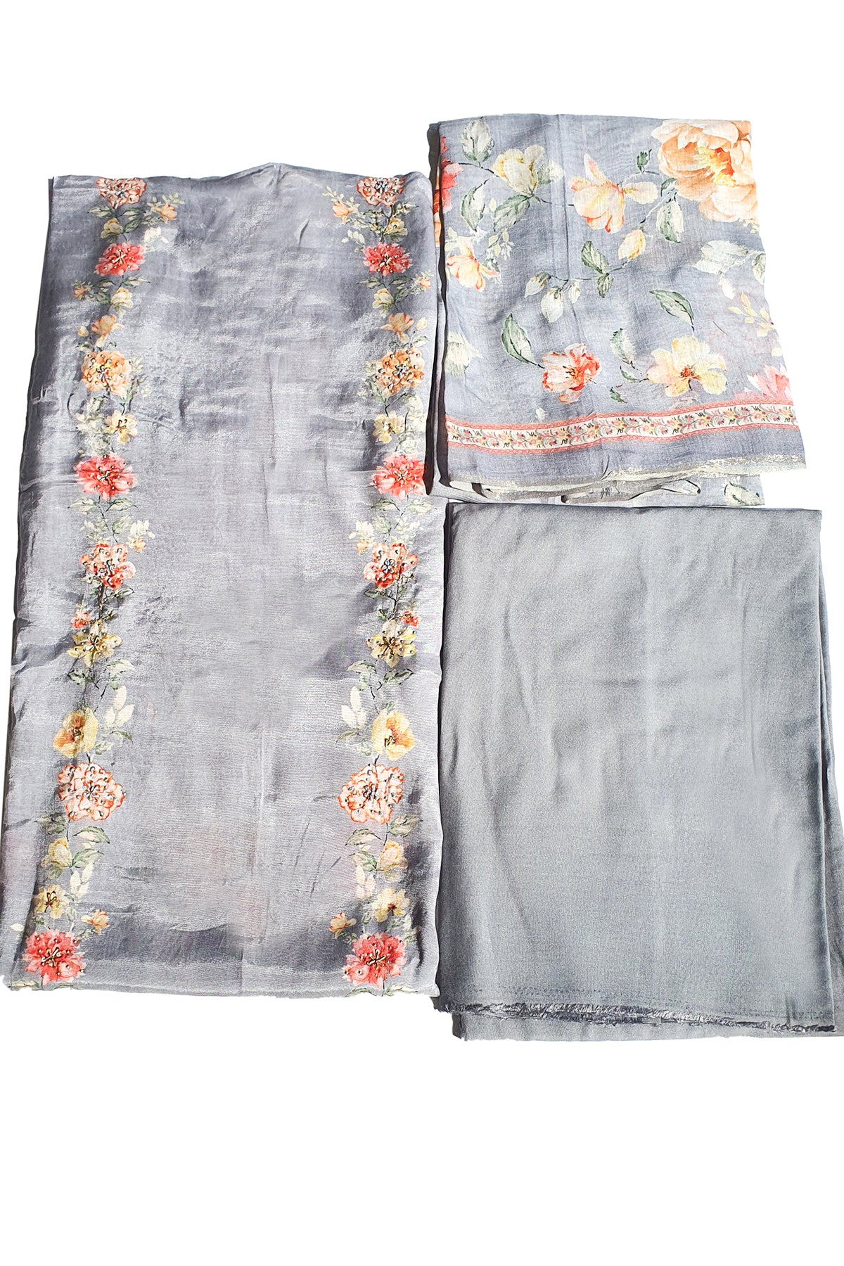 Grey Muslin Floral Printed Suit Set with Threadwork Embroidery