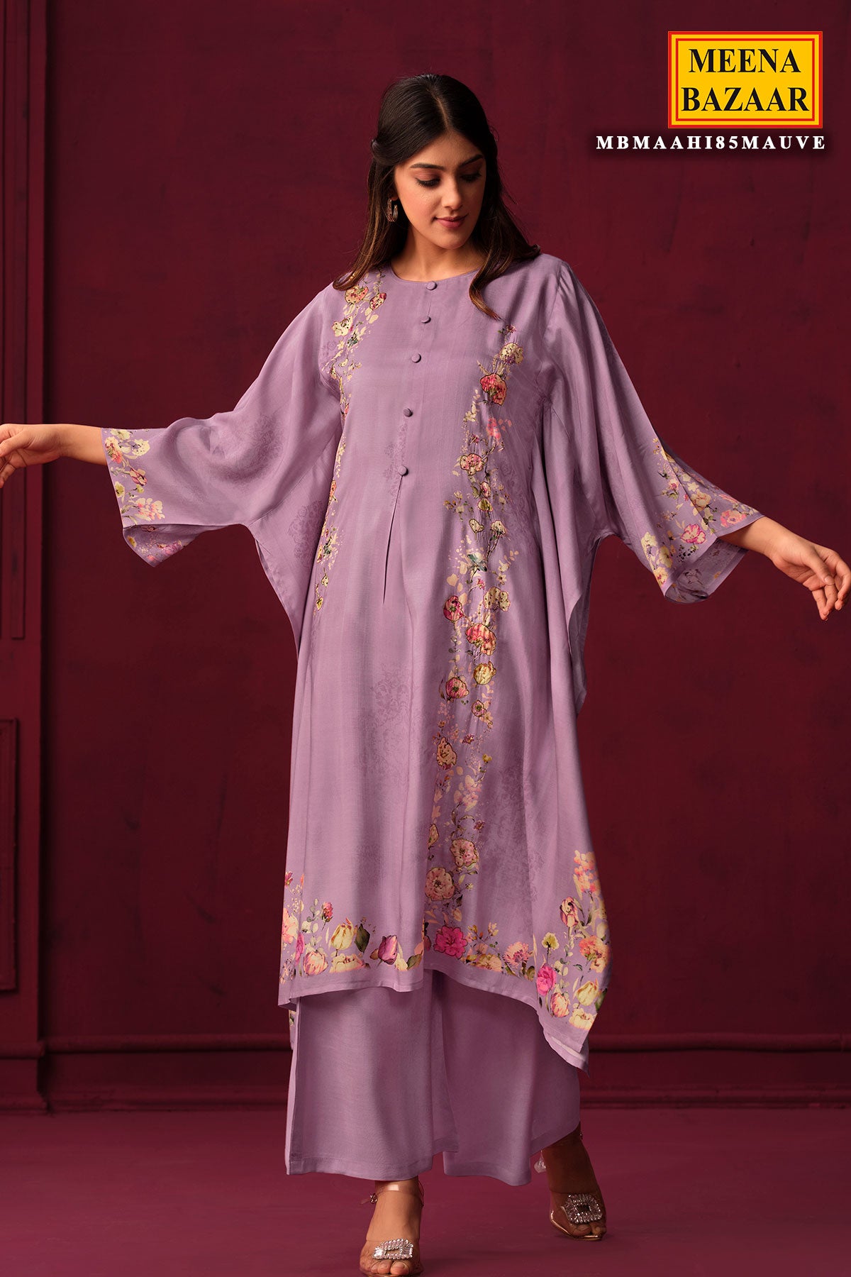 Mauve Muslin Floral Printed Suit Set with Threadwork Embroidery