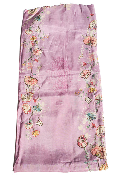 Mauve Muslin Floral Printed Suit Set with Threadwork Embroidery