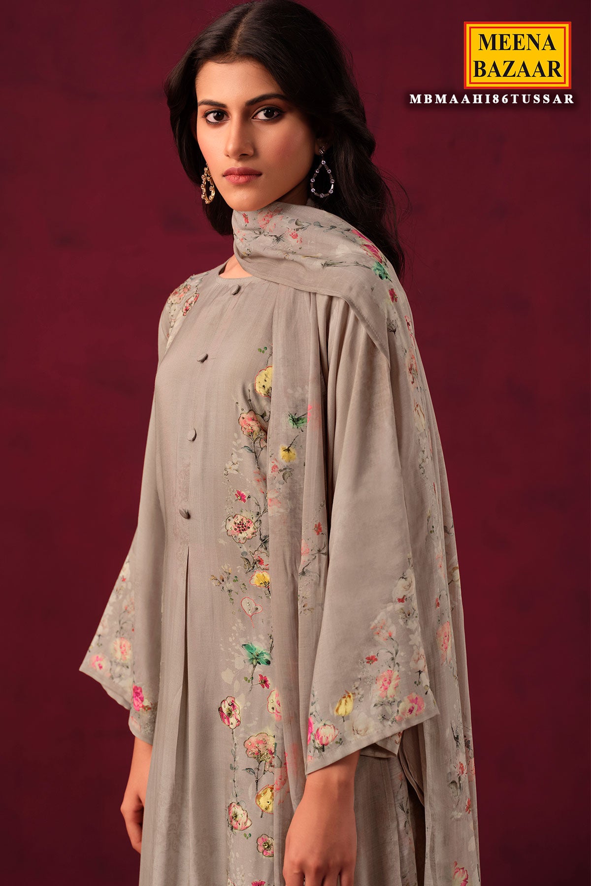 Tussar Muslin Floral Printed Suit Set with Threadwork Embroidery