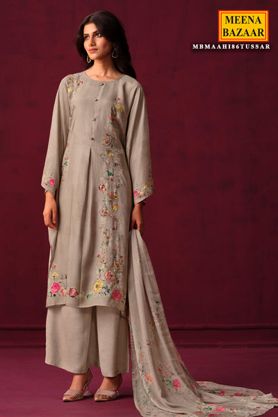 Tussar Muslin Floral Printed Suit Set with Threadwork Embroidery