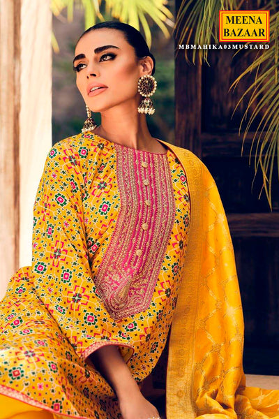 Mustard Satin Silk Patola Printed Zari Embroidered Suit Set