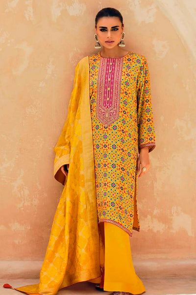 Mustard Satin Silk Patola Printed Zari Embroidered Suit Set