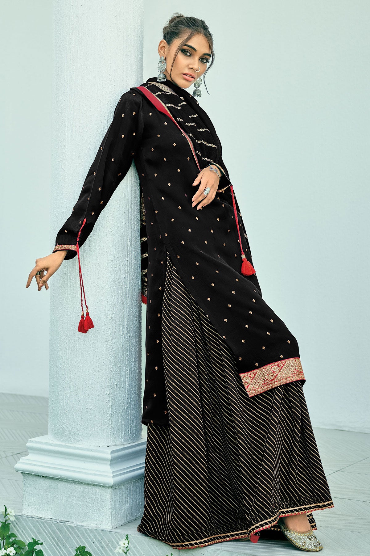 Black Modal Silk Zari and Gota Patti Embroidered Skirt Suit Set
