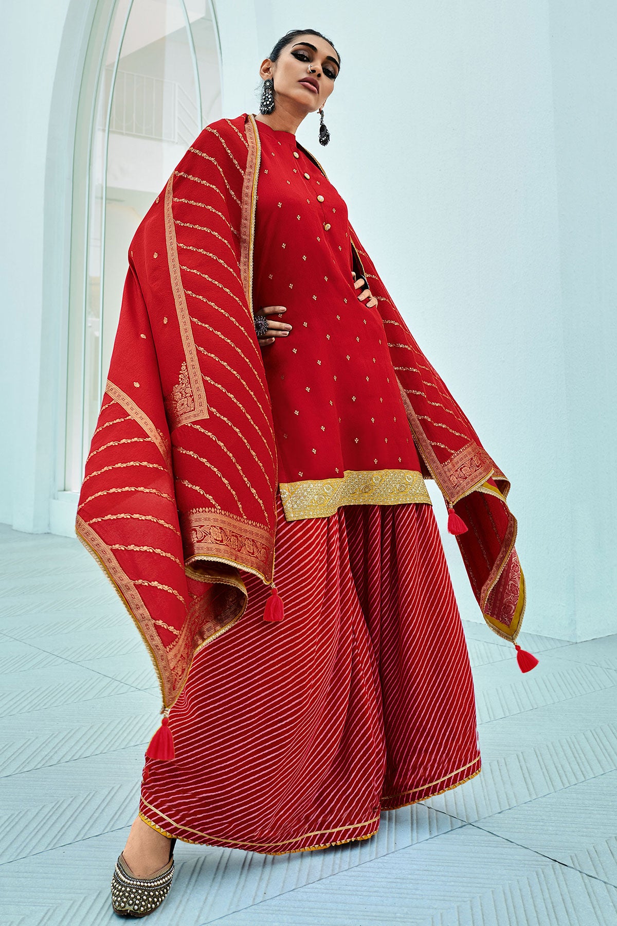 Red Modal Silk Zari and Gota Patti Embroidered Skirt Suit Set