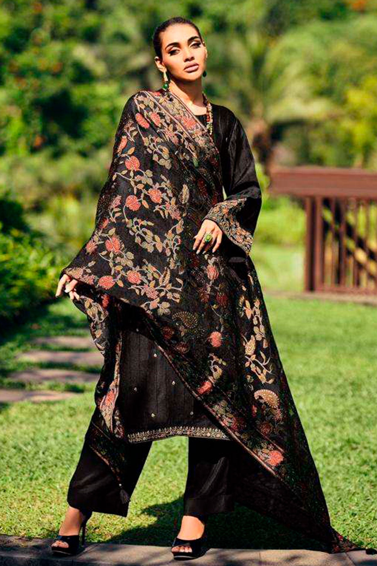 Black Modal Silk Floral Threadwork and Zari Embroidered Suit Set