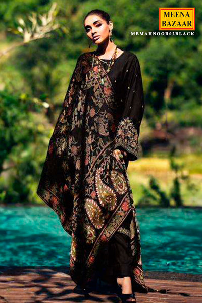 Black Modal Silk Floral Threadwork and Zari Embroidered Suit Set
