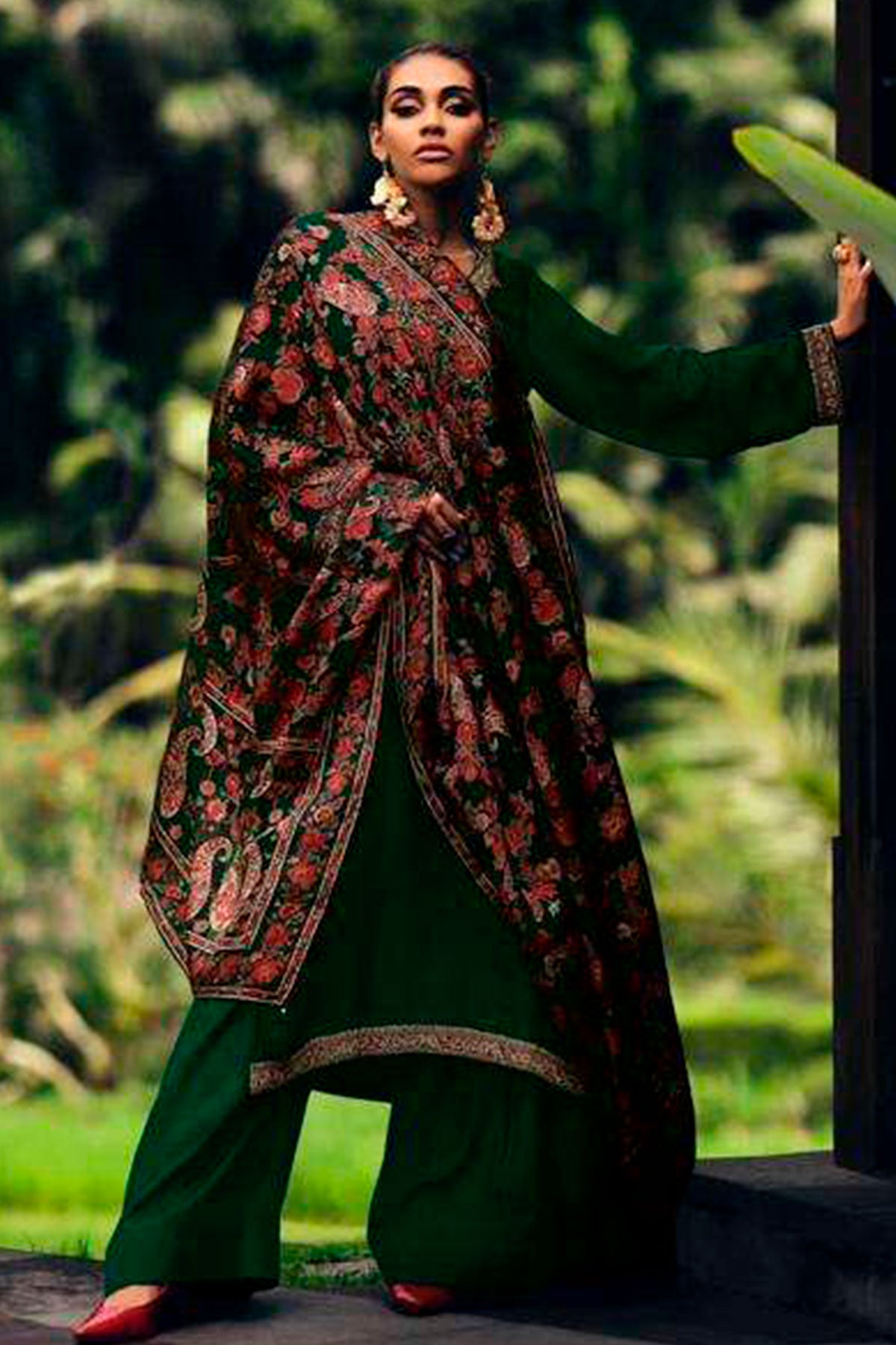 Bottle Green  Modal Silk Floral Threadwork and Zari Embroidered Suit Set