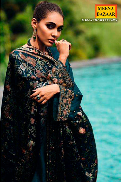 Navy Modal Silk Floral Threadwork and Zari Embroidered Suit Set