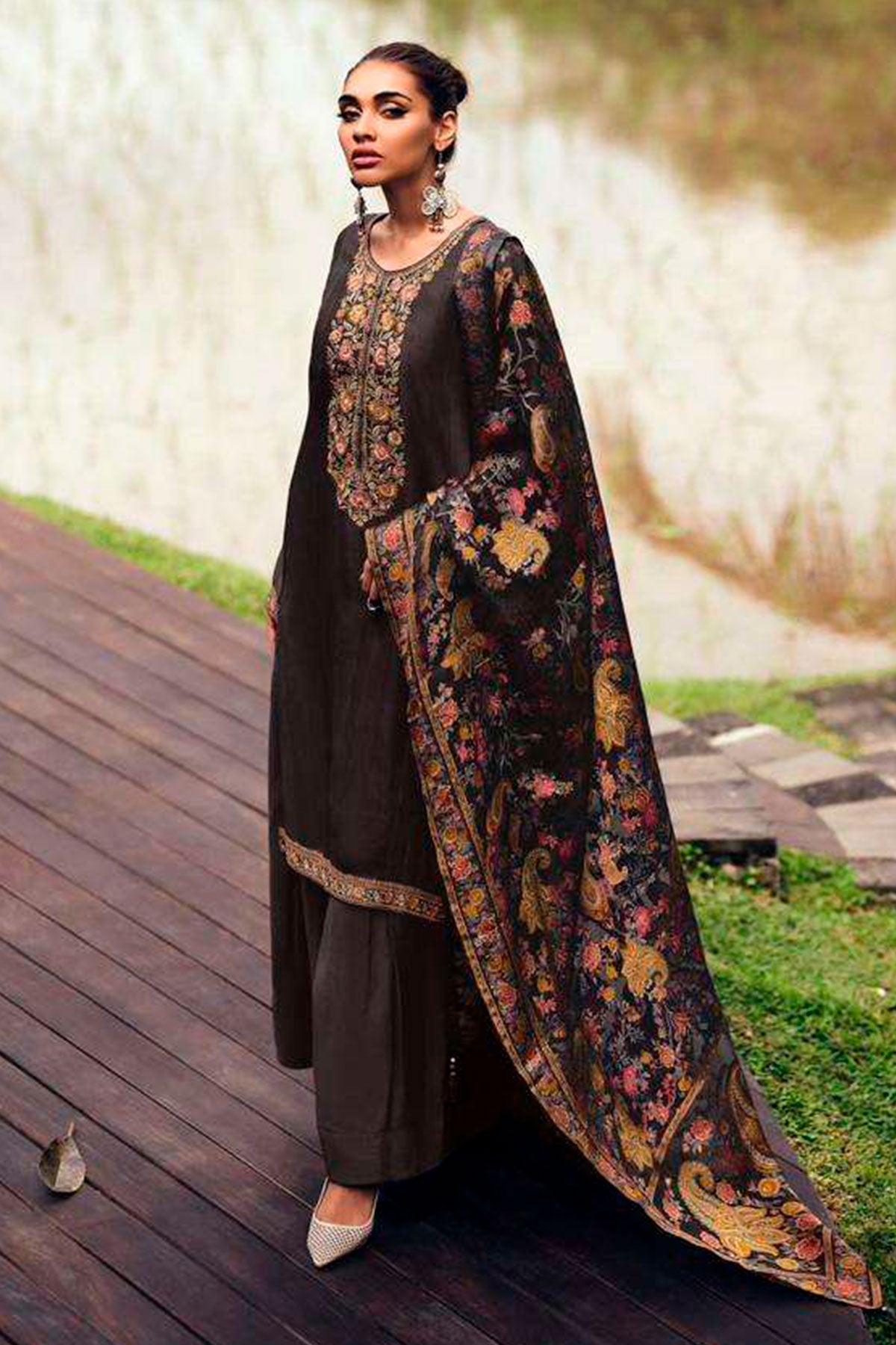Black Modal Silk Floral Threadwork and Zari Embroidered Unstitched Suit Set