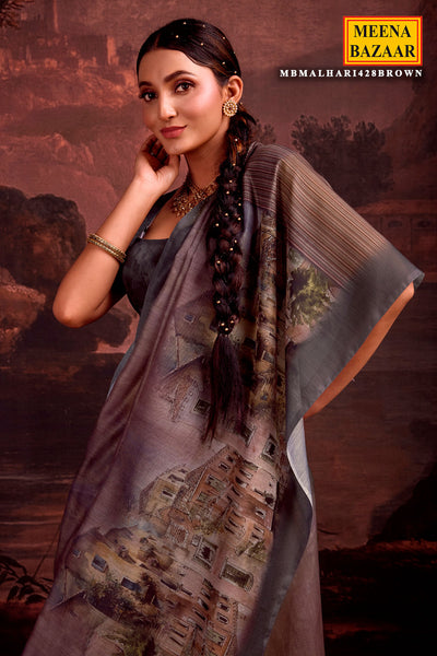 Brown Chanderi Cotton Printed Saree