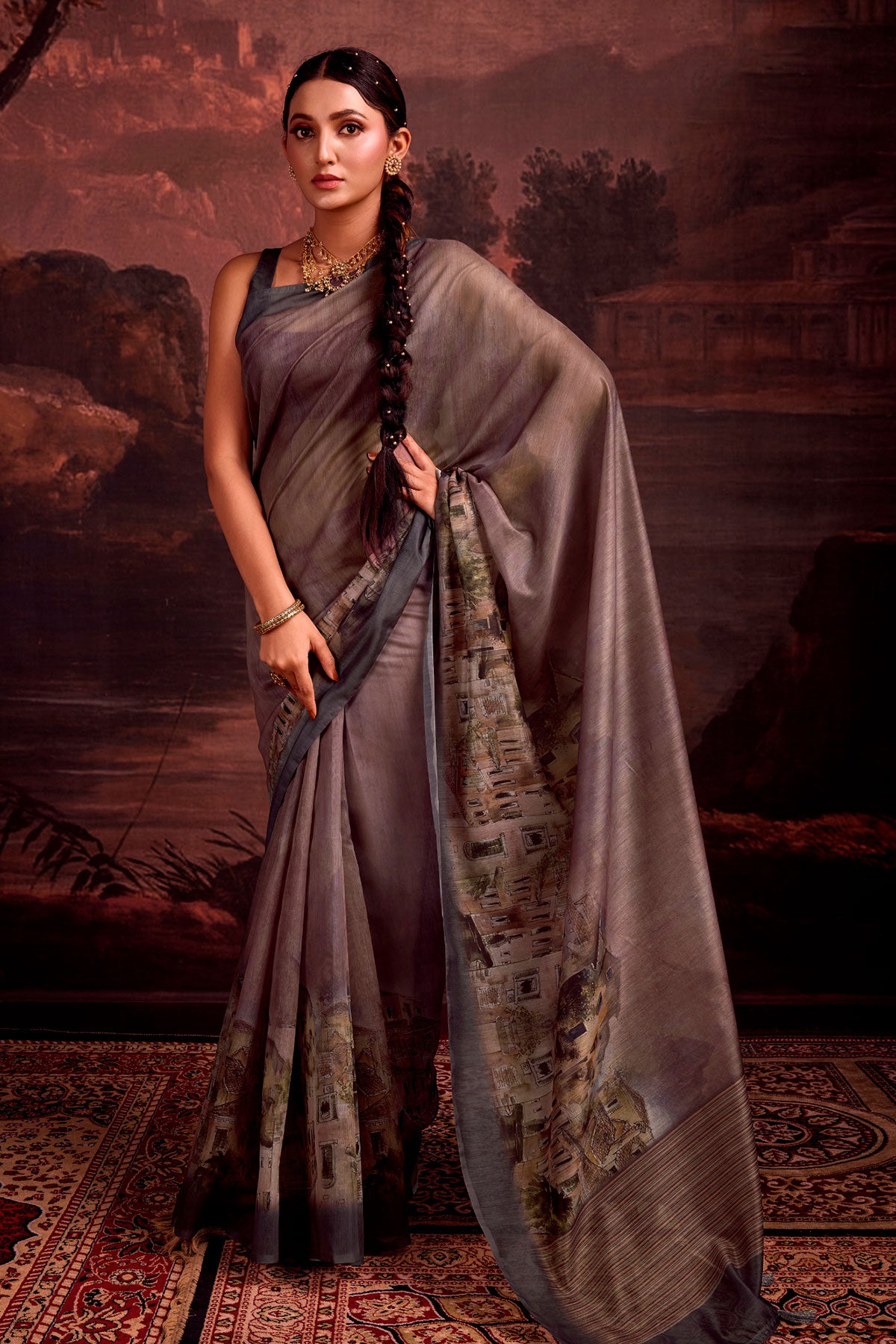 Brown Chanderi Cotton Printed Saree