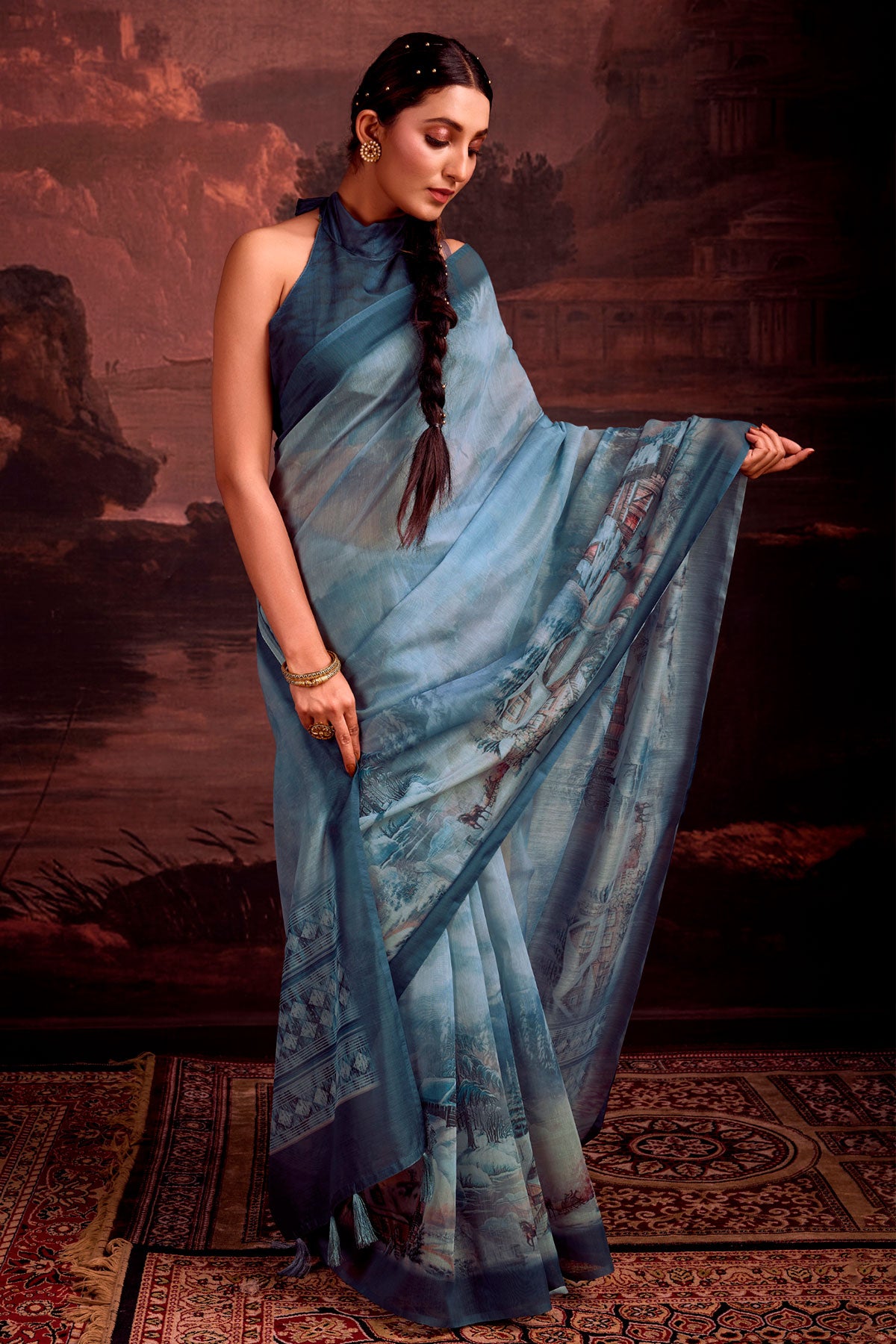 Grey-Blue Chanderi Cotton Printed Saree