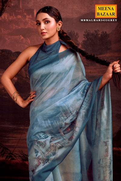 Grey-Blue Chanderi Cotton Printed Saree