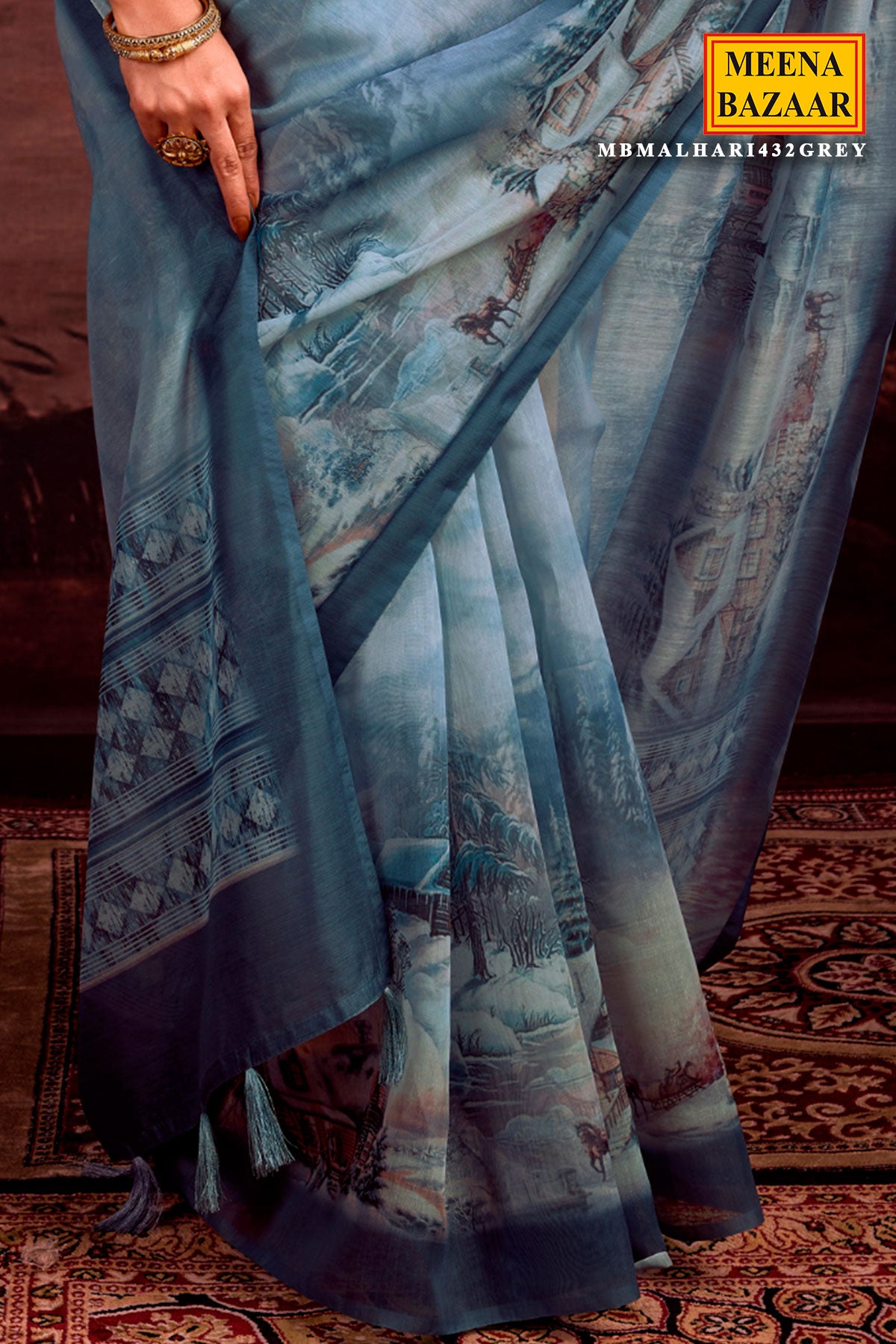 Grey-Blue Chanderi Cotton Printed Saree