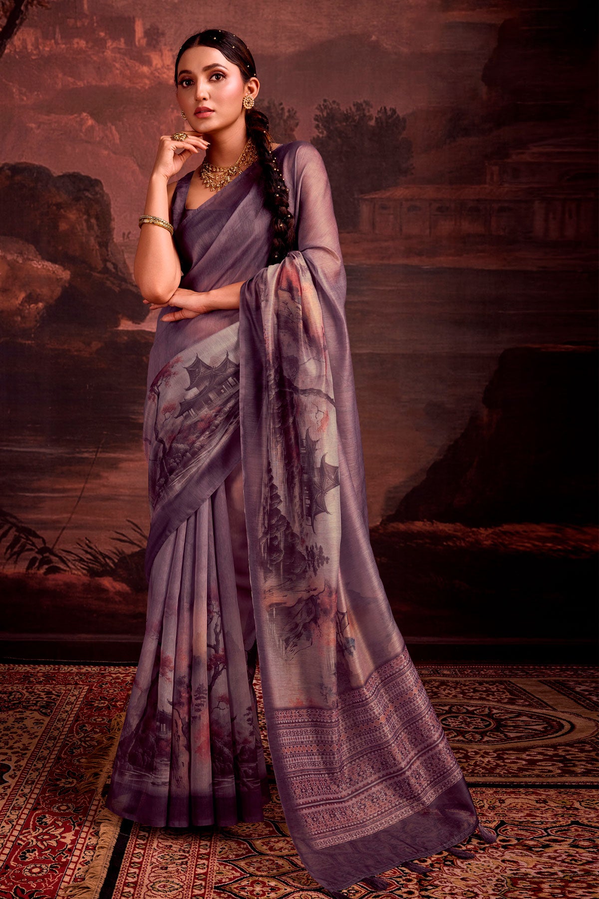 Dark Mauve Chanderi Cotton Printed Saree