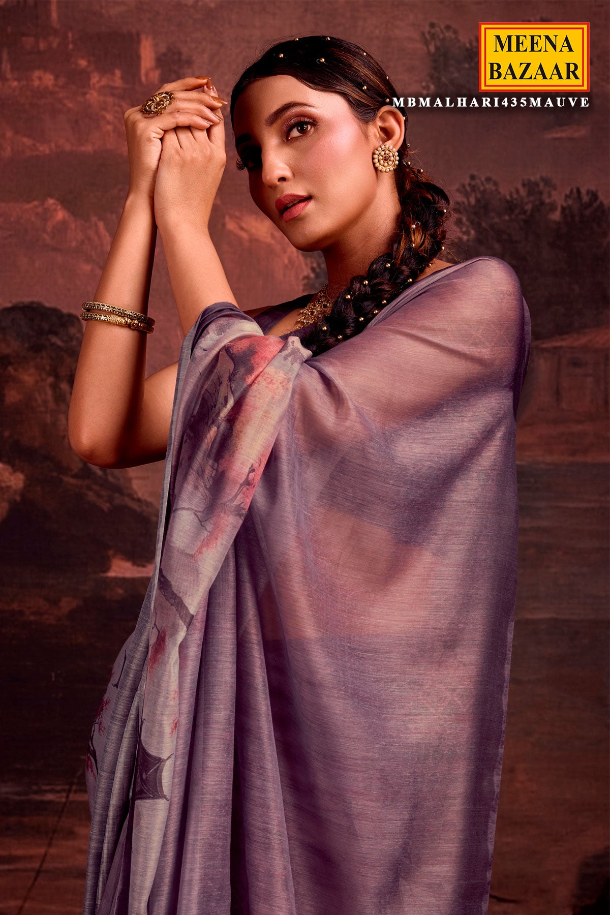 Dark Mauve Chanderi Cotton Printed Saree