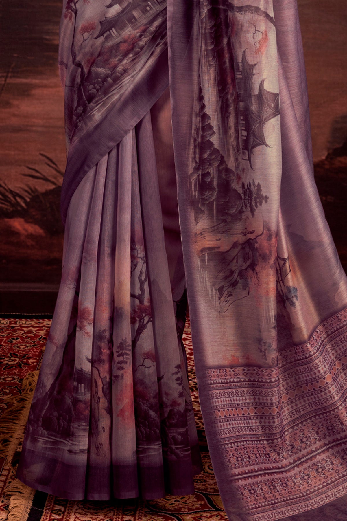 Dark Mauve Chanderi Cotton Printed Saree