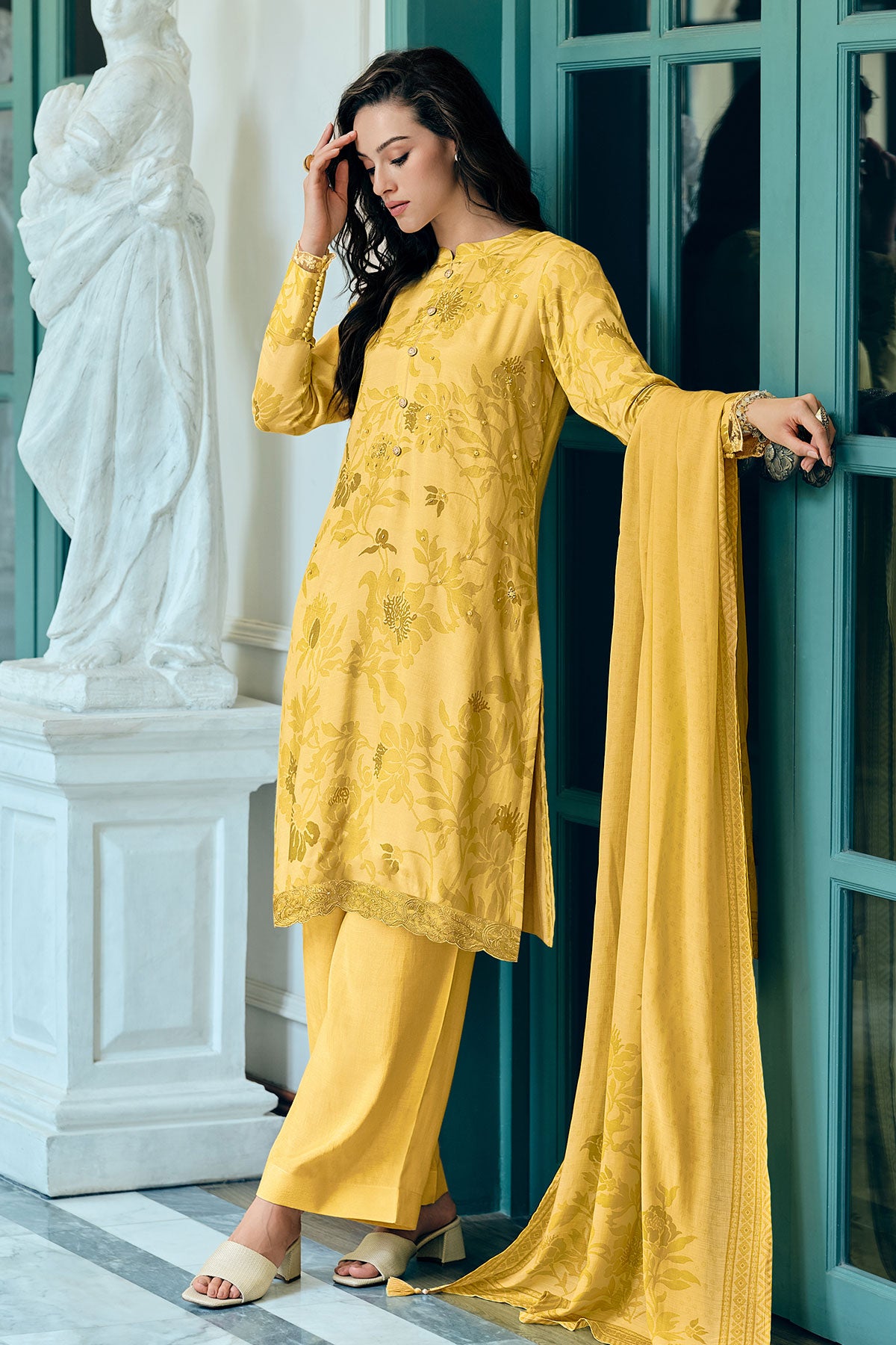 Mustard Muslin Printed Pearl Embroidered Unstitched Suit Set