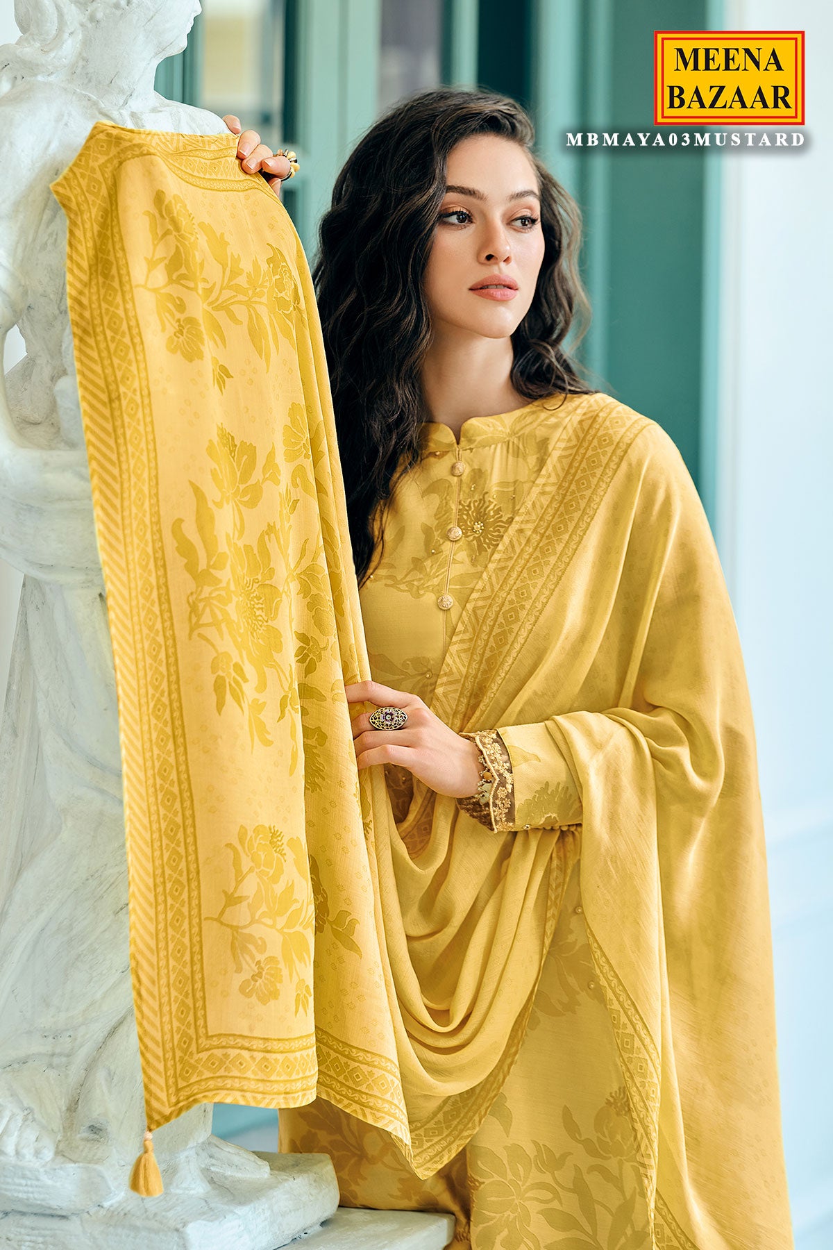 Mustard Muslin Printed Pearl Embroidered Unstitched Suit Set – Meena Bazaar