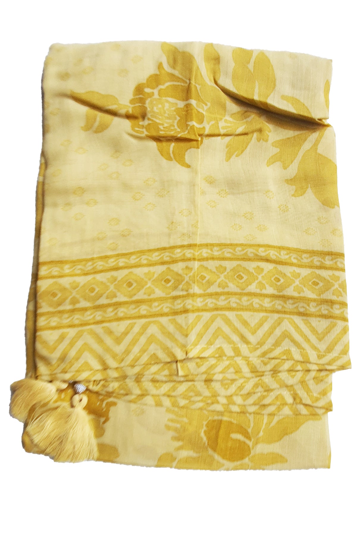 Mustard Muslin Printed Pearl Embroidered Unstitched Suit Set