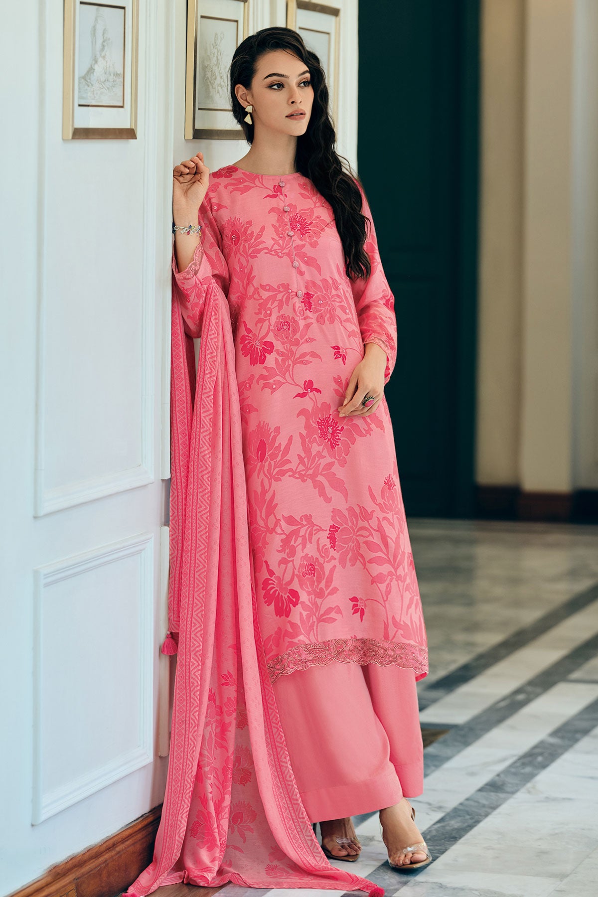 Pink Muslin Printed Pearl Embroidered Unstitched Suit Set