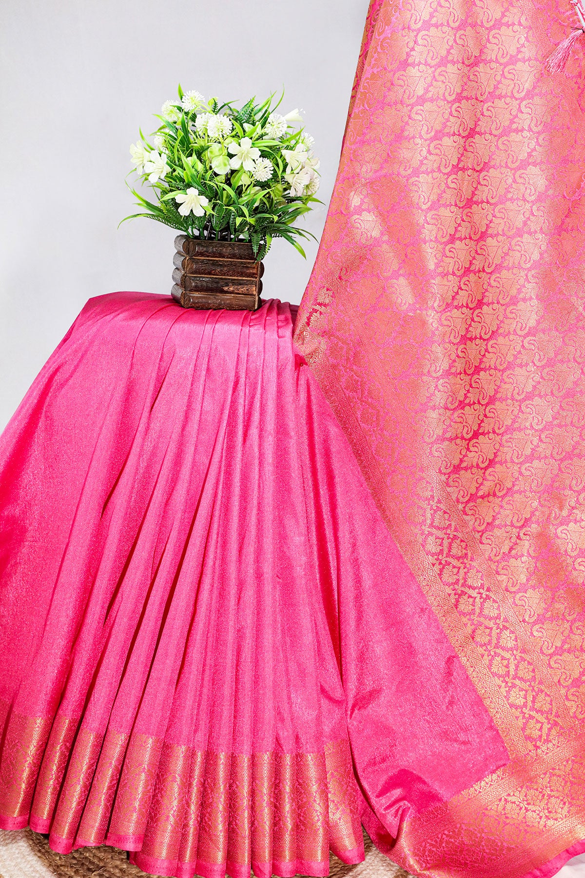 Pink South Silk Floral Zari Woven Saree