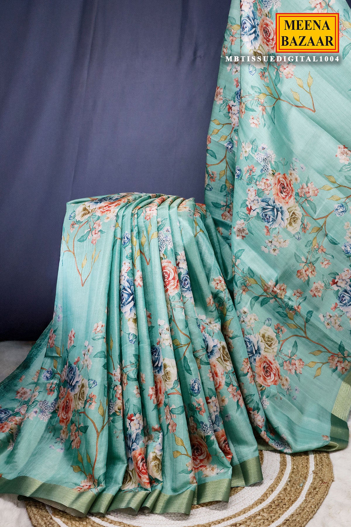 Sea Green Floral Printed Zari Woven Tussar Saree