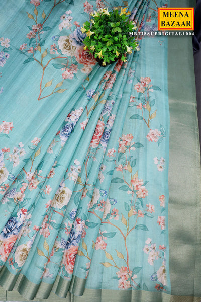 Sea Green Floral Printed Zari Woven Tussar Saree