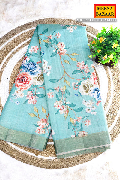 Sea Green Floral Printed Zari Woven Tussar Saree