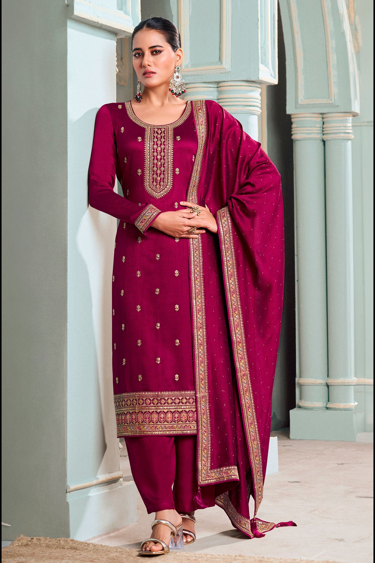 Wine Silk Zari Sequin Embroidered Unstitched Suit Set