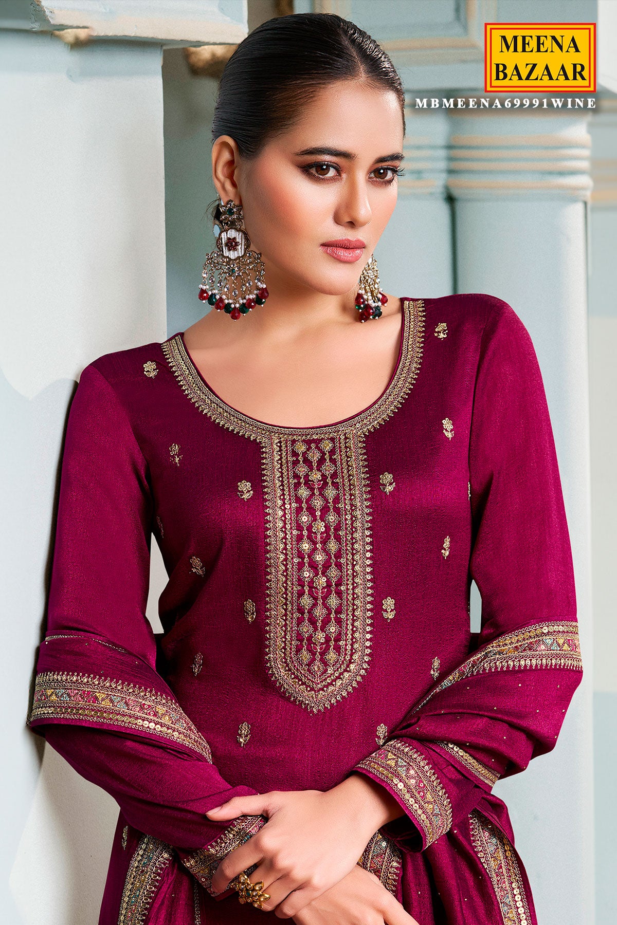 Wine Silk Zari Sequin Embroidered Unstitched Suit Set