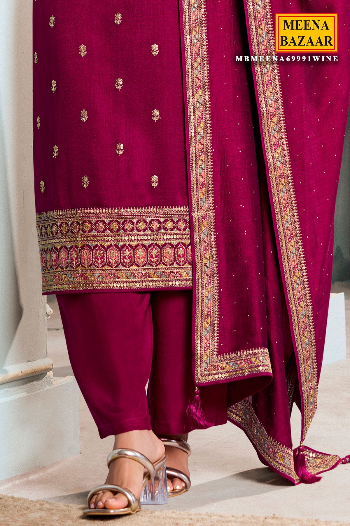 Wine Silk Zari Sequin Embroidered Unstitched Suit Set