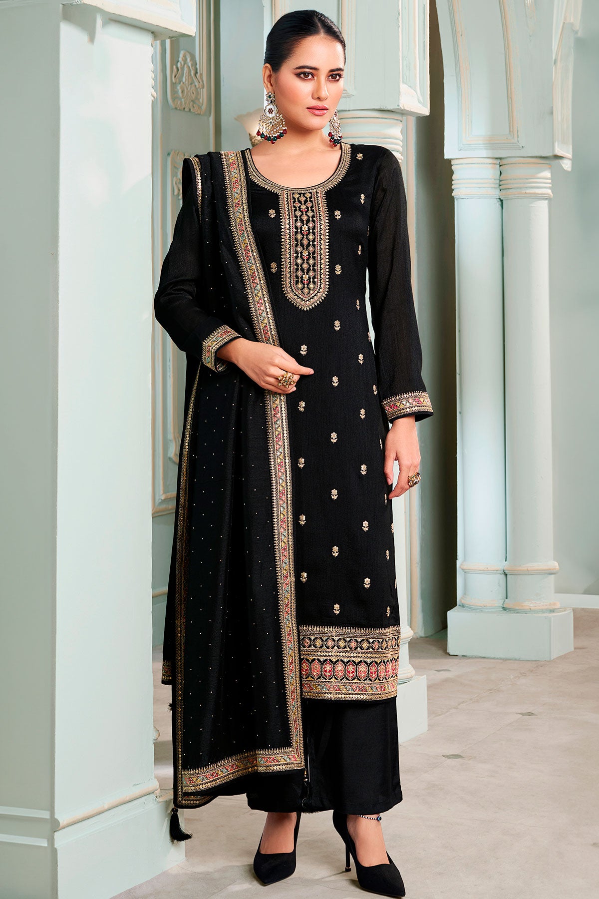 Black Silk Zari Sequin Embroidered Unstitched Suit Set