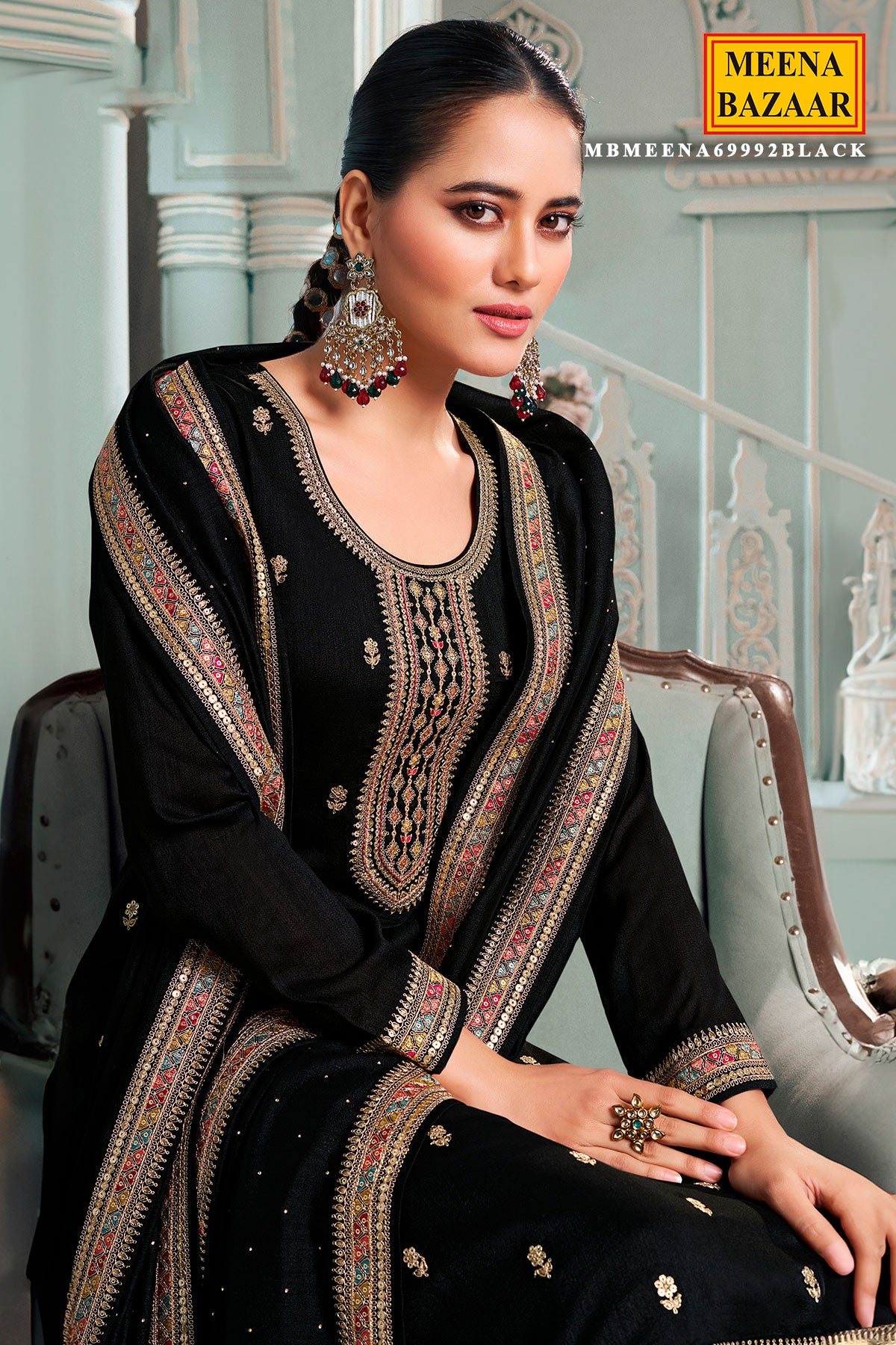 Black Silk Zari Sequin Embroidered Unstitched Suit Set