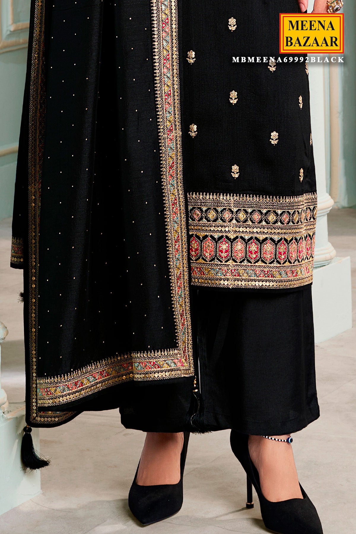 Black Silk Zari Sequin Embroidered Unstitched Suit Set