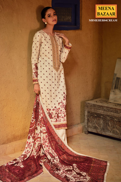 Cream Pashmina Wool Floral Printed Neck Embroidered Suit Set