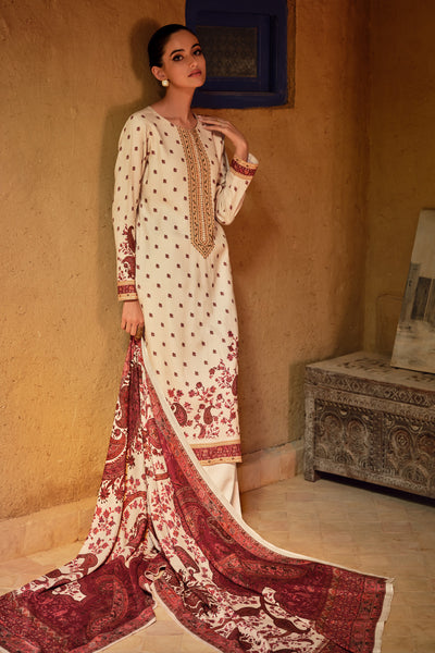 Cream Pashmina Wool Floral Printed Neck Embroidered Suit Set