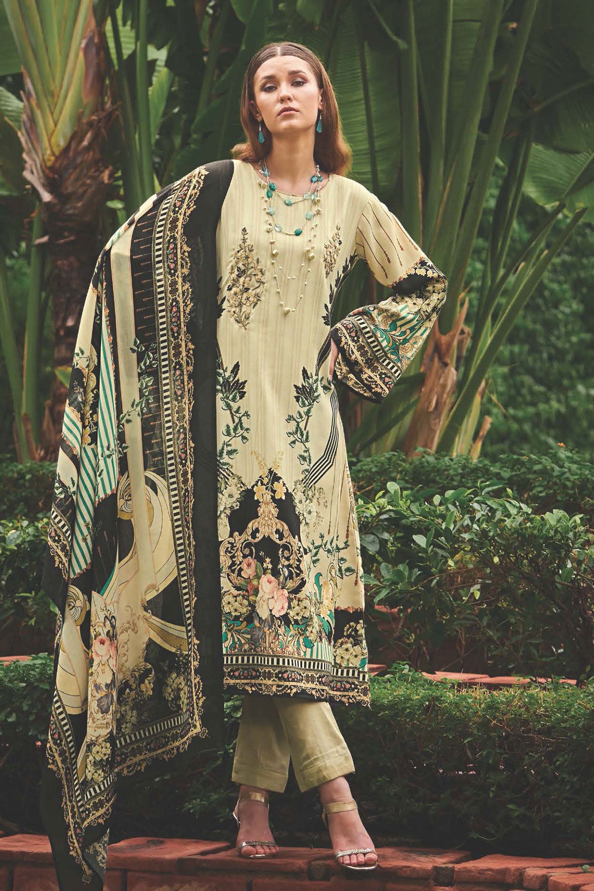 Cream Pashmina Resham Thread Embroidered Printed Suit