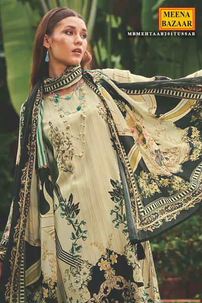 Cream Pashmina Resham Thread Embroidered Printed Suit