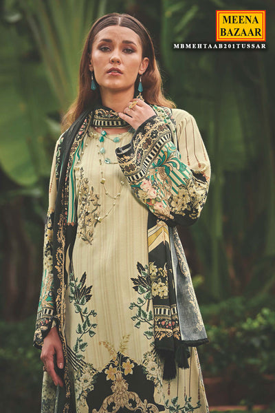 Cream Pashmina Resham Thread Embroidered Printed Suit