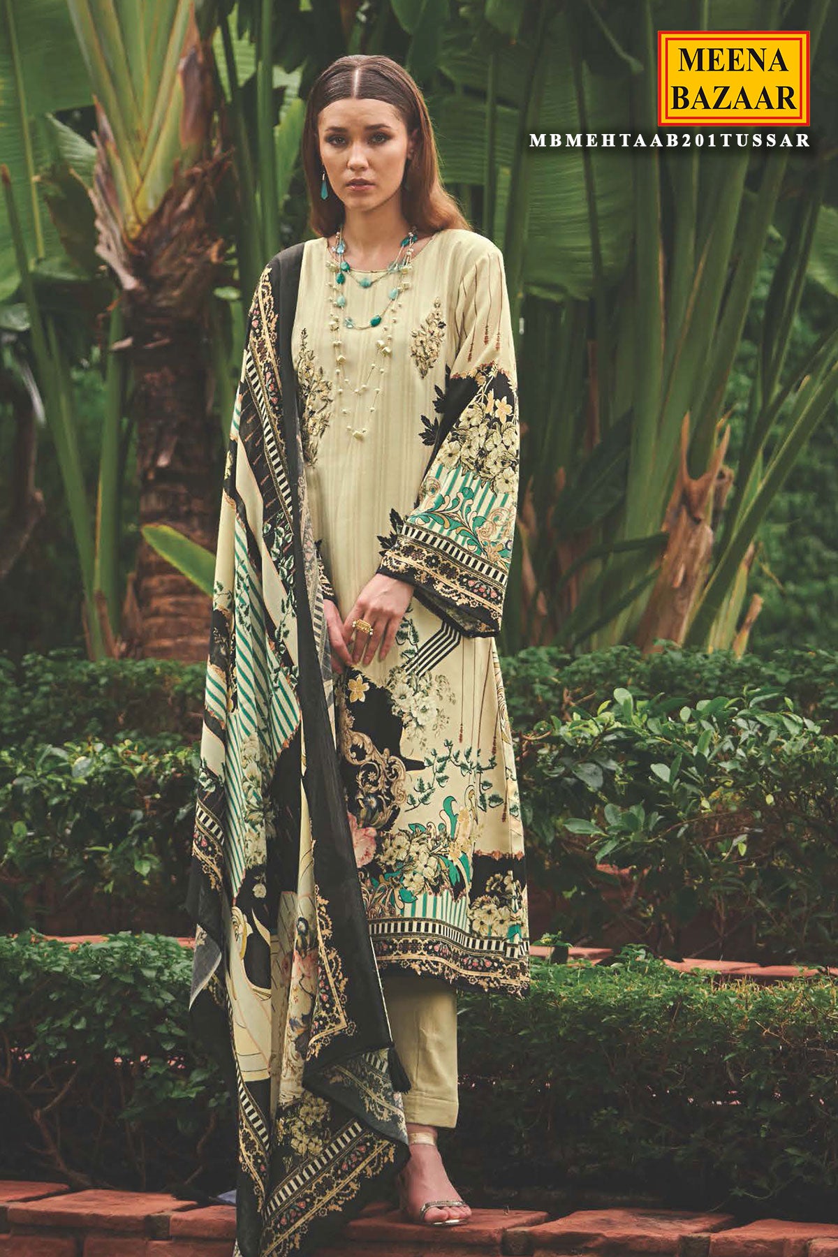 Cream Pashmina Resham Thread Embroidered Printed Suit