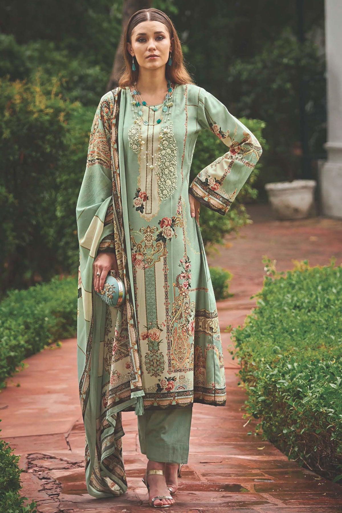 Sea Green Pashmina Resham Thread Embroidered Printed Suit