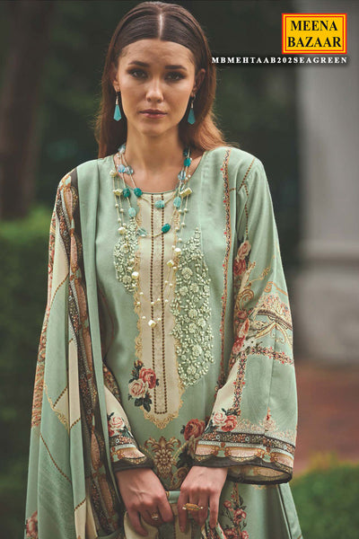 Sea Green Pashmina Resham Thread Embroidered Printed Suit