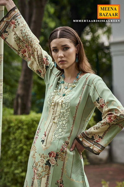 Sea Green Pashmina Resham Thread Embroidered Printed Suit