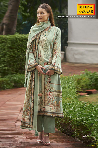 Sea Green Pashmina Resham Thread Embroidered Printed Suit