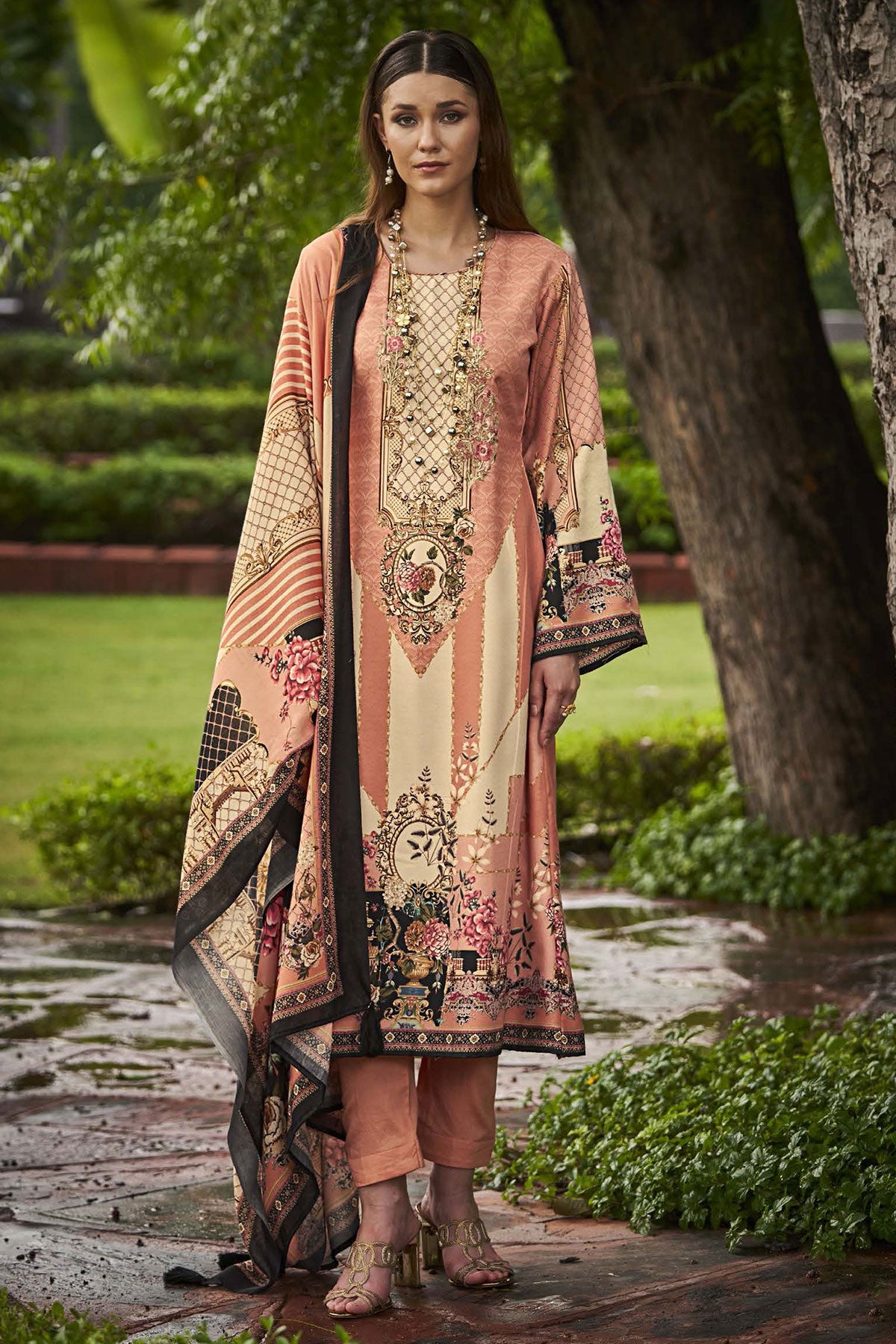 Cream & Peach Pashmina Resham Thread Embroidered Printed Suit