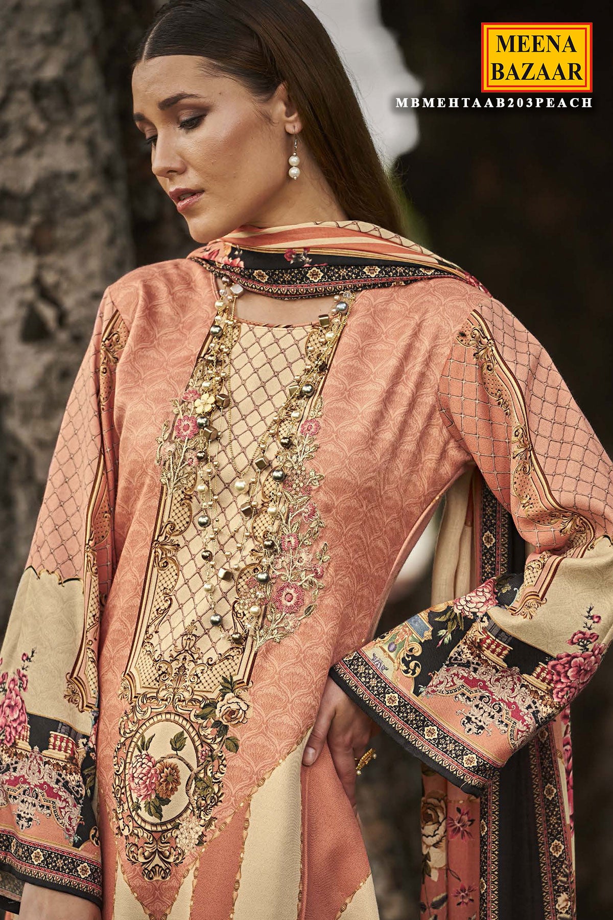 Cream & Peach Pashmina Resham Thread Embroidered Printed Suit